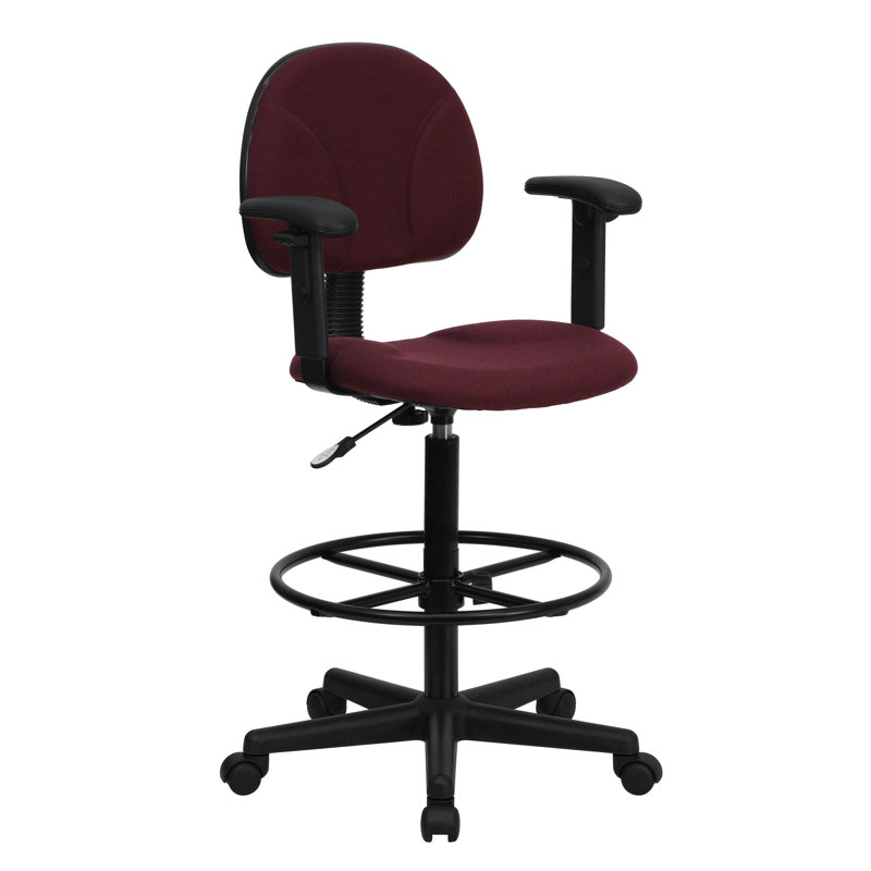 Fabric Drafting Chair with Adjustable Cylinders, Burgundy, Adjustable Arms