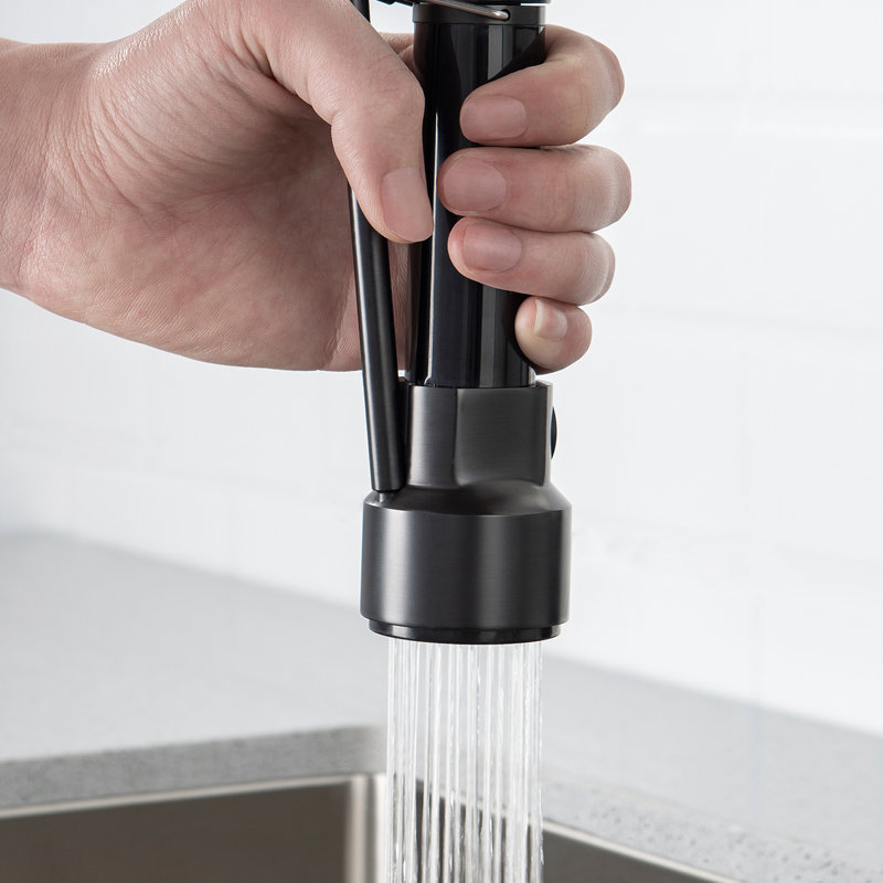 Robinet de cuisine commercial noir avec poignée rétractable, poignée simple, fabrication étanche, revêtement facile, débit d'eau multifonctionnel, douchette extractible pratique, levier