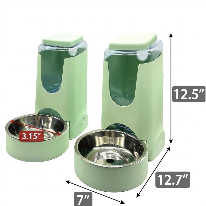 Ensemble de 2,8 l de nourriture et distributeur d'eau 4L avec bols en acier inoxydable, pour petits / moyens / grands chiens, chiots, chatons, vert clair