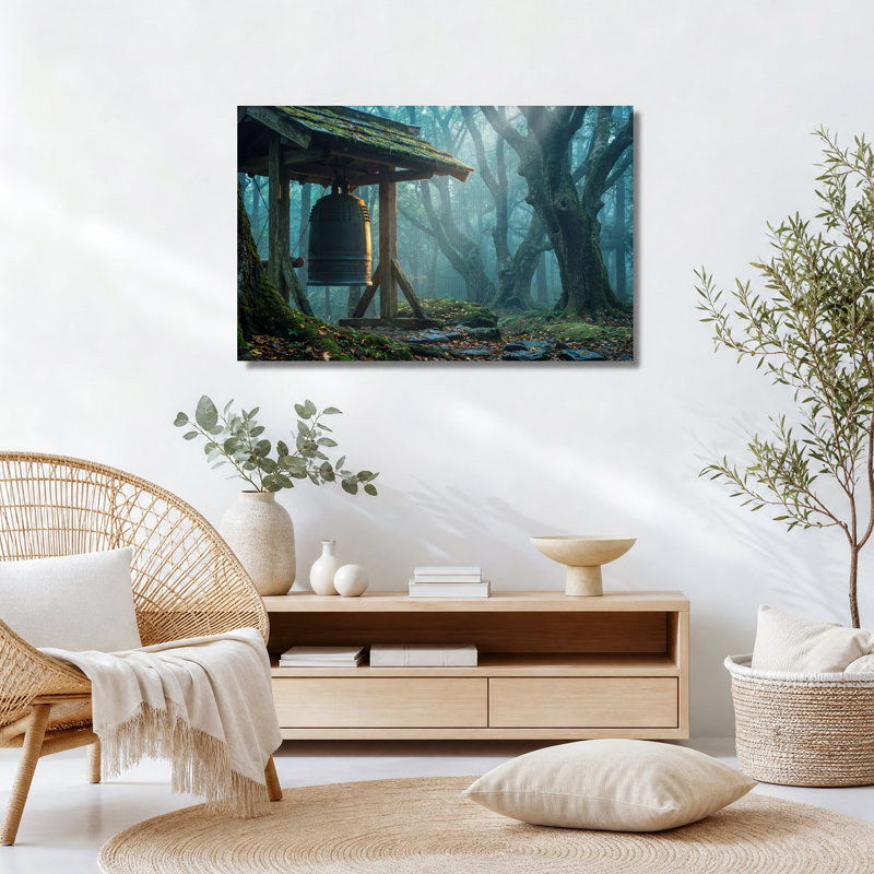 Cloche de temple en bronze dans une forêt brumeuse - Tableau sur toile, 32"H x 48"W