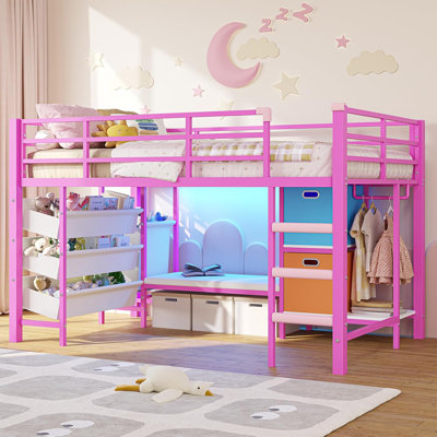 Twin Size Low Loft Bed With Led Lights,Sling Drawers And Bookshelf,Metal Twin Loft Bed With Reading Bench,Loft Bed With Storage Basket & Bins,13.98" H Safety Guardrail & Stairs,