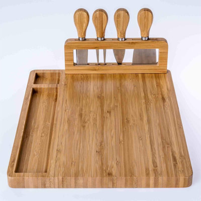 Bamboo Cheese Board And Knife Set 14X11 Inch – Wood Cheese Cutting Board, Serving Tray Platter, Charcuterie Board Set With 4 Cheese Knives