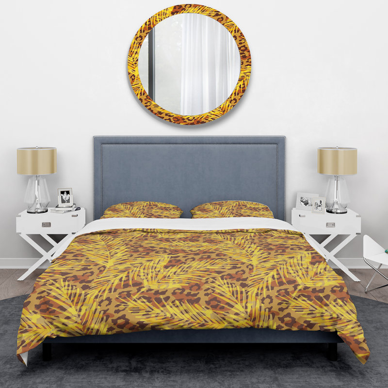 Ensemble de housse de couette à motif de feuilles de palmier jaune - Microfibre polyester