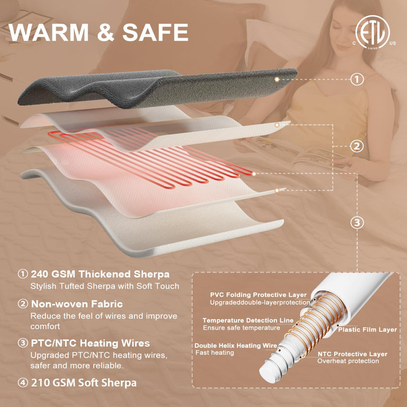 Heated Throw Blanket, Beige, 228.6cm L x 213.4cm W