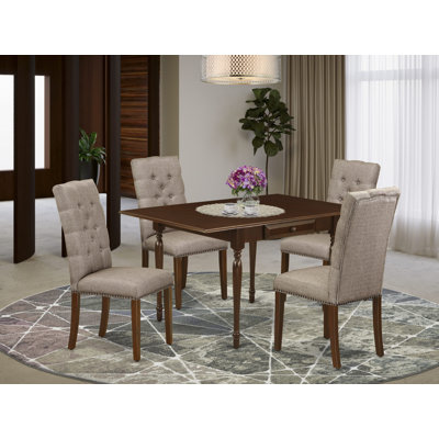 5 Piece Dining Set Includes a Rectangle Dining Room Table with Dropleaf and 4 Dark Khaki Linen Fabric Upholstered Chairs, Mahogany