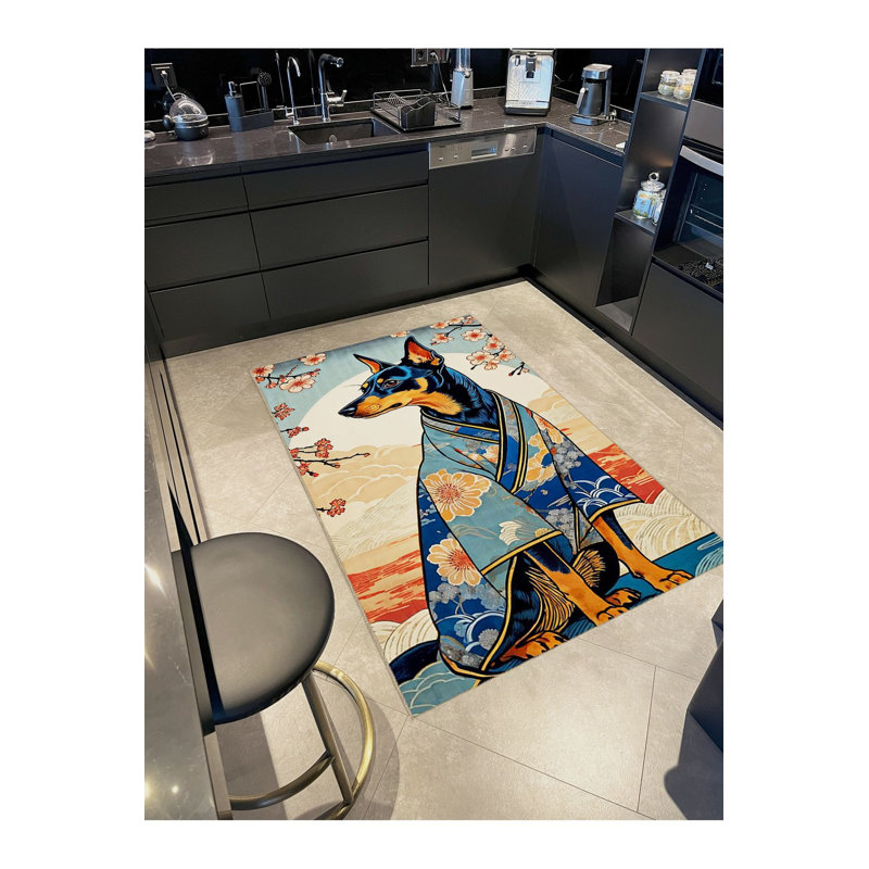 Tapis décoratif moderne abstrait à motif de chien en kimono dans les nuages