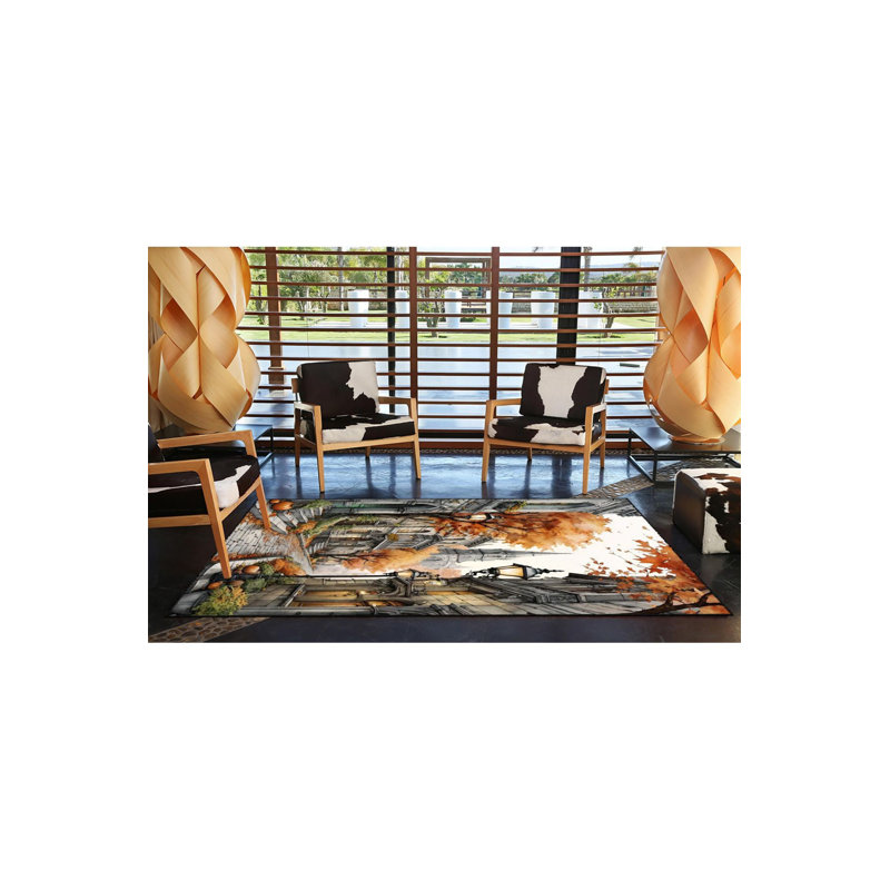 Leaf and Building Patterned Woven Base Machine Washable Rug, Runner 2'6" x 6'7" Rug Pad Included