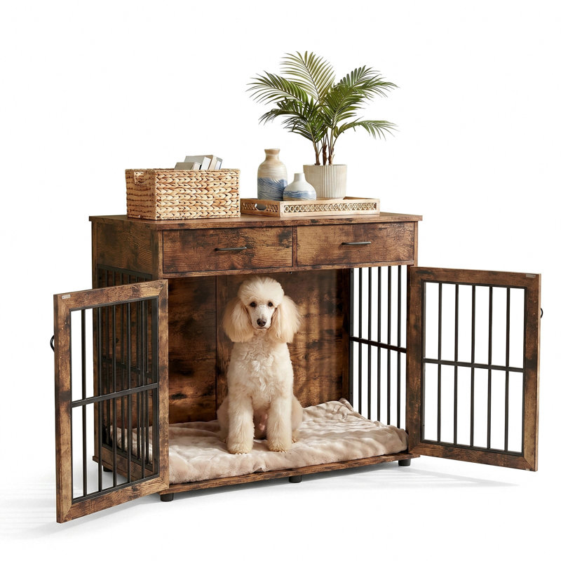 Meuble pour chien en bois 43,3 pouces avec 3 portes et 2 tiroirs, chenil pour grands chiens, Brown