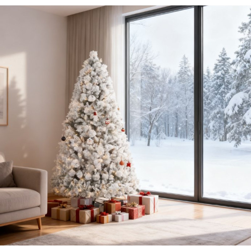 Arbre de Noël réaliste floqué, structure en acier, lumières douillettes pour la maison