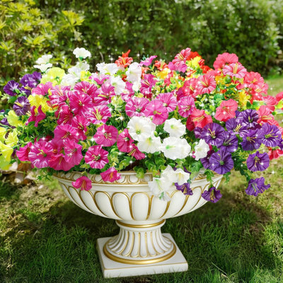 12 Stems Artificial Morning Glory & Eucalyptus Silk Bouquet - UV Resistant Memorial Flowers For Cemetery, Graveyard Decoration, Suitable For Flower Pots, Porches, Patios & Gardens