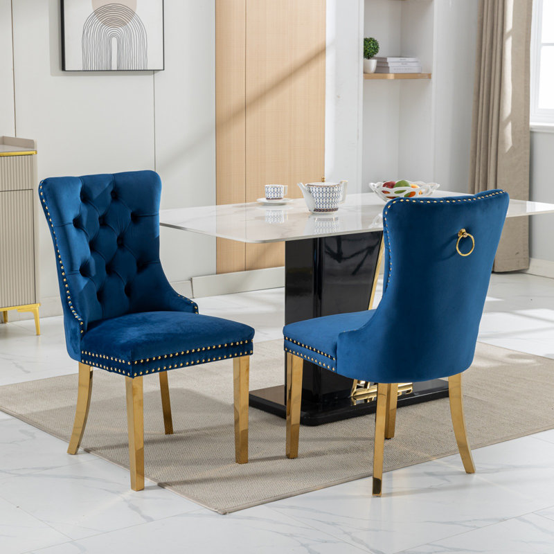 Contemporary Velvet Upholstered Dining Chair, Tufted Solid Wood, Golden Stainless Steel Legs, Nailhead Trim, Set of 2, Blue & Gold