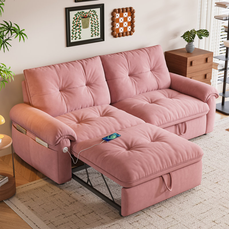 77‘’  Multifunctional 2-In-1 Sofa Bed, Pink, Pink