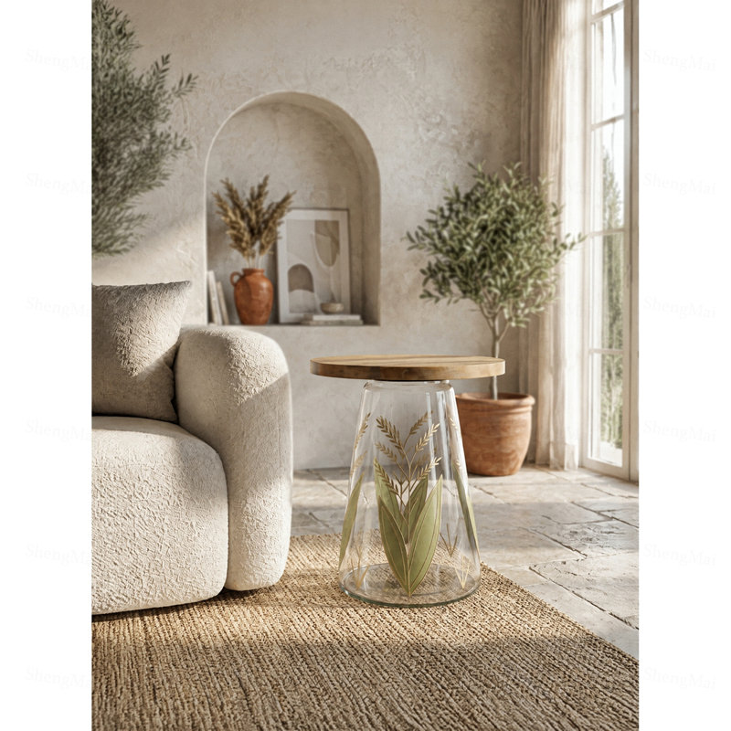 Table d'appoint en verre avec plateau en bois, table d'appoint ronde avec base peinte à la main