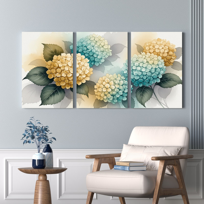 Hydrangea, reproduction d'art sur toile tendue sur toile, ensemble de 3, H 36 po x l 72 po
