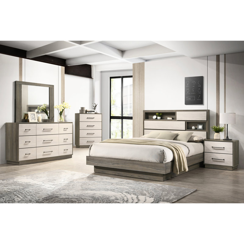 Table de chevet 2 beige et brun - Accessoire de chambre à coucher contemporain 2 tiroirs modernes en bois