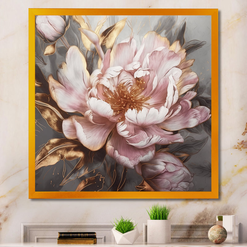 «Pink Gold Pe pivoens Petals» - reproduction d'art sur toile encadrée, H 24 po x l 24 po, Impression encadrée, Doré