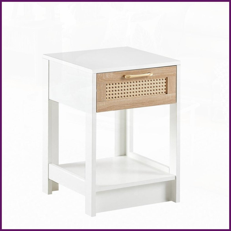 Panneau de fibres à densité moyenne blanc Table basse en rotin avec tiroir - Table d'appoint facile à nettoyer pour le salon / la chambre à coucher, assemblage rapide