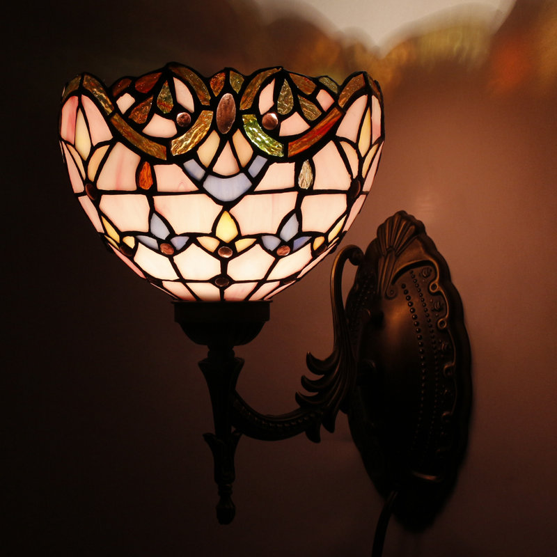 Tiffany Wall Sconce Lamp Stained Glass 8X10.5X11 Inch Plug in Wall Bedside Light for Hallway Bedroom (Pink Baroque Style)