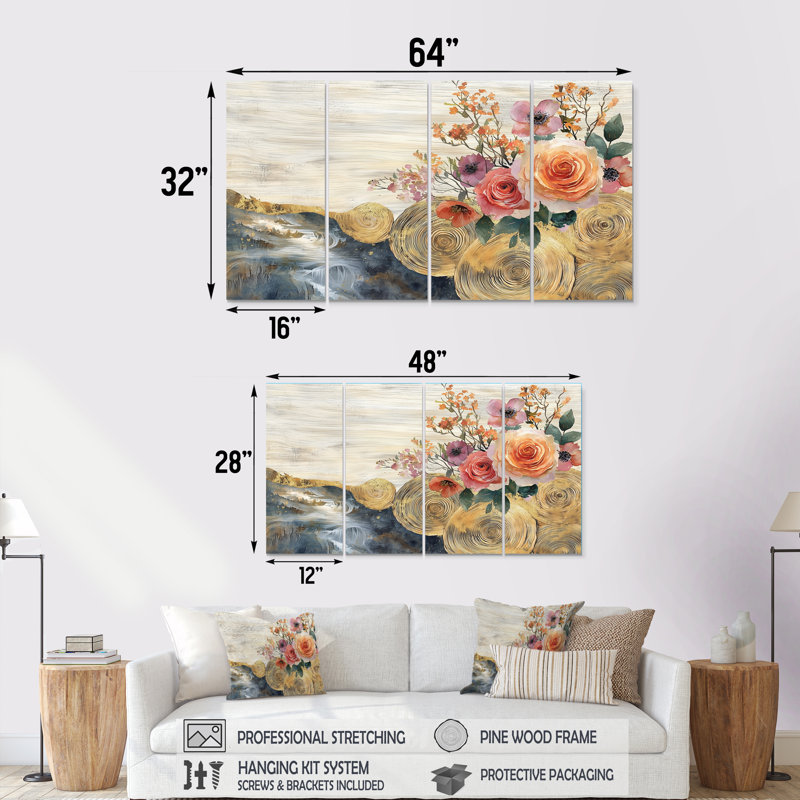 Goodwin - Assorted Bouquets Wall Art - Ensemble de décoration murale traditionnelle, 4, H 32 po x l 64 po
