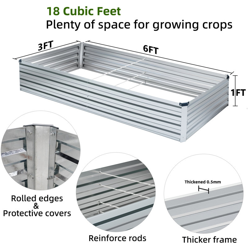 Lafayette Rectangular Galvanized Metal Raised Garden Bed, 12" H x 72" W x 36" D, Silver