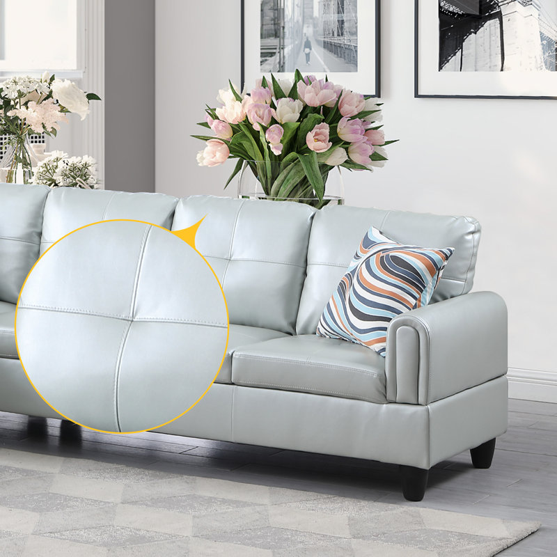 Addalyne Faux Leather L-Shaped Sectional, Left Hand Facing, Silver Green Faux Leather