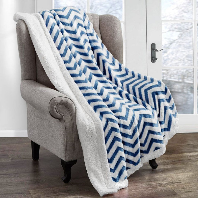 Aayanah Chunky Sherpa Backed Jacquard Chevron Throw Blanket, Navy, W100 x L150cm
