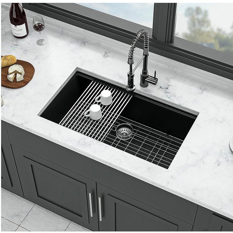 Quartz Kitchen Sink - 32x19" Black granite composite Workstation undermount kitchen sink