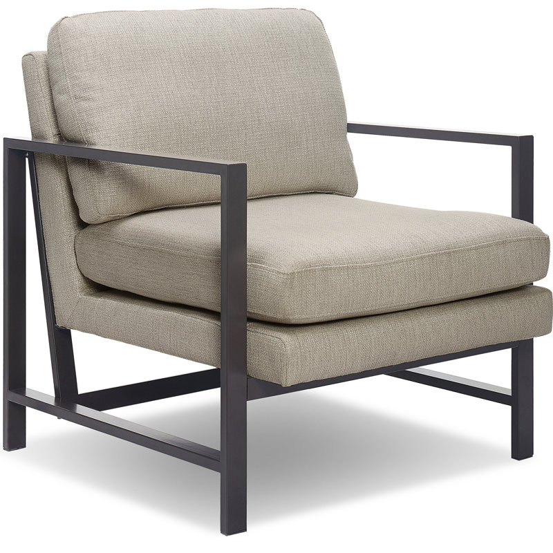 Tommy Hilfiger Russell Square Metal Frame Accent Chair, Mid-Century Modern, Medium-Soft Pillow Back, Bronze, Light Linen