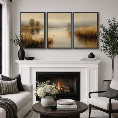 "Serene Golden Lake", art de paysage, images de salon, impression sur toile encadrée, 3 pièces