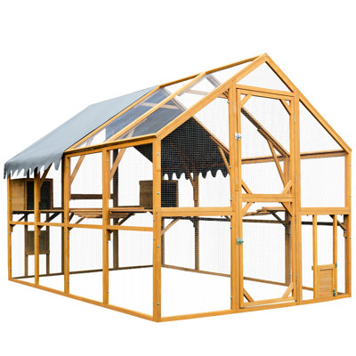 Enclos de poulailler jaune pour l'extérieur, espace de divertissement pour chaton de 110 po, porte d'entrée de 60 po de hauteur, deux petites sorties, filet galvanisé et grande surface de jeu imperméable amovible