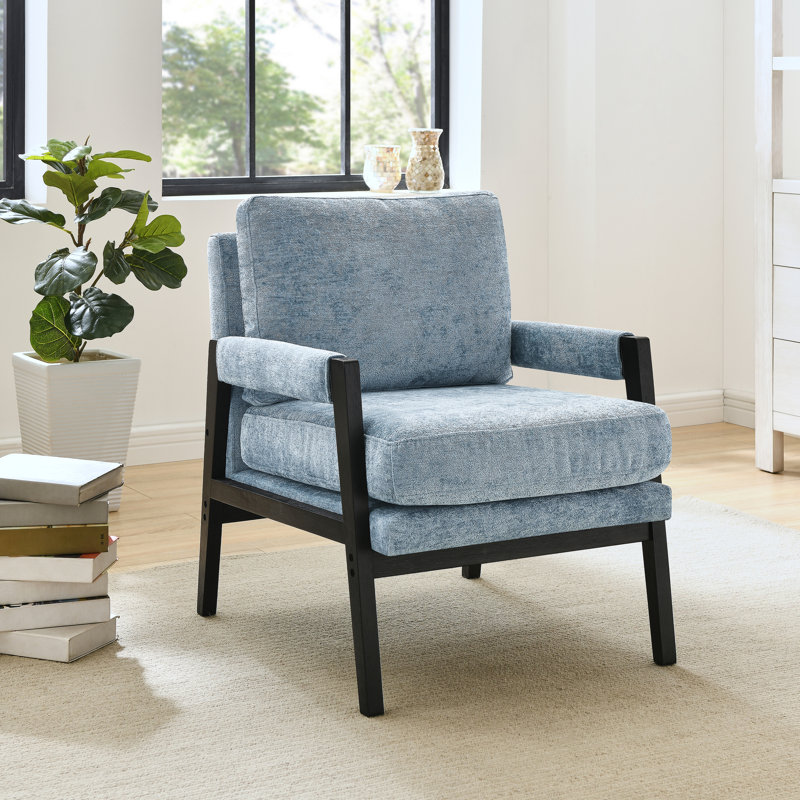 Fauteuil rembourré en chenille bleue, aspect moderne de style Mid-Century - siège confortable, siège en bois de couleur stable et amovible, dossier, solide
