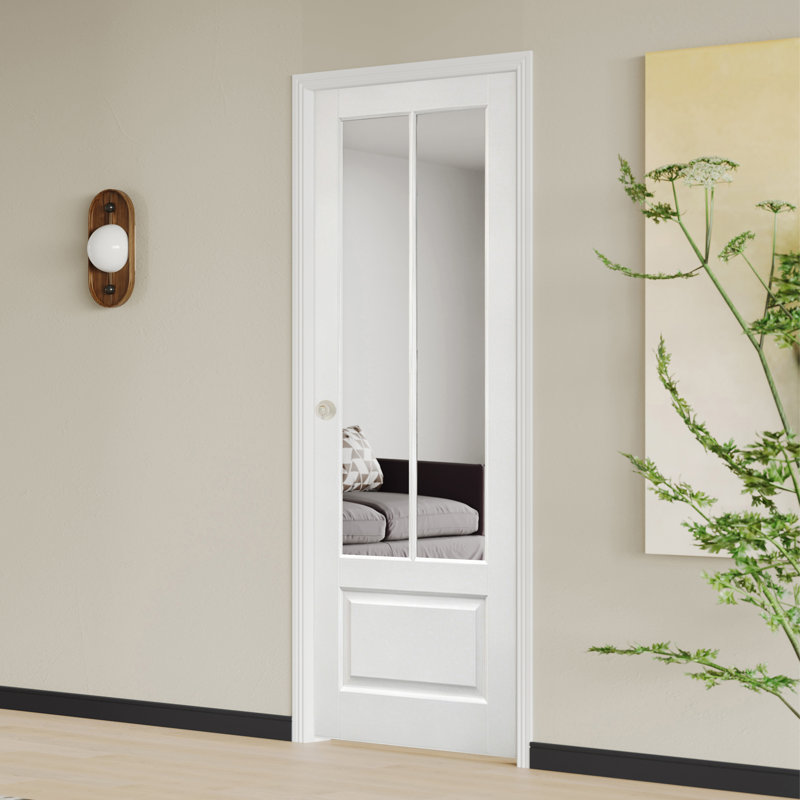 Porte intérieure à panneau de miroir Prehung - panneau de fibres à densité moyenne blanc avec cadre et poignée levier noir