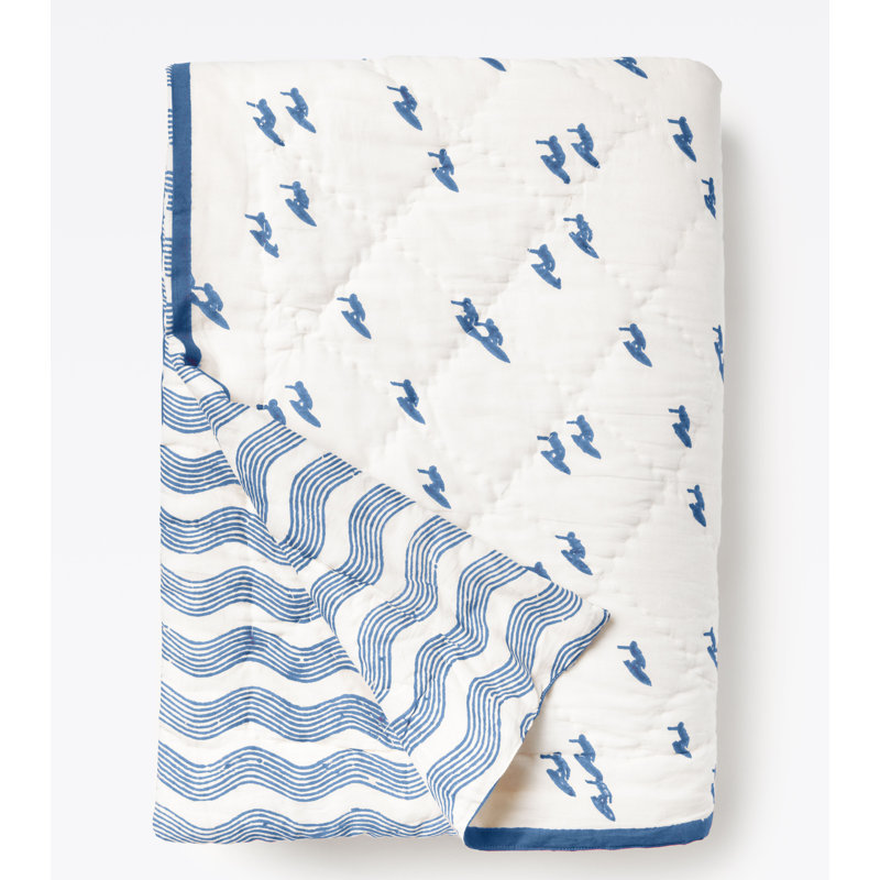 Reversible Block Print Surfer Quilt in Ocean, Queen