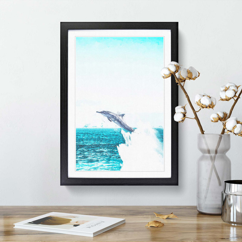 Jumping Dolphin Abstract Art - Framed Print, 76cm H x 50cm W x 2cm D, Black