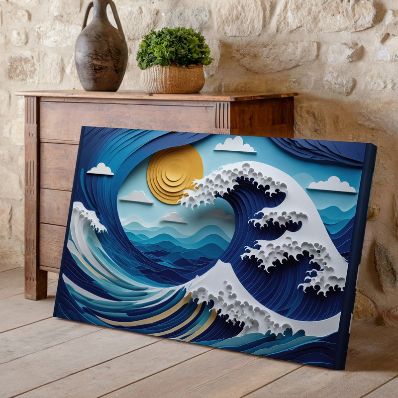 Toile, composition d'art dynamique et complexe en papier représentant un art mural stylisé Vague d'océan avec des couches tourbillonnantes de bleu profond sur toile blanche