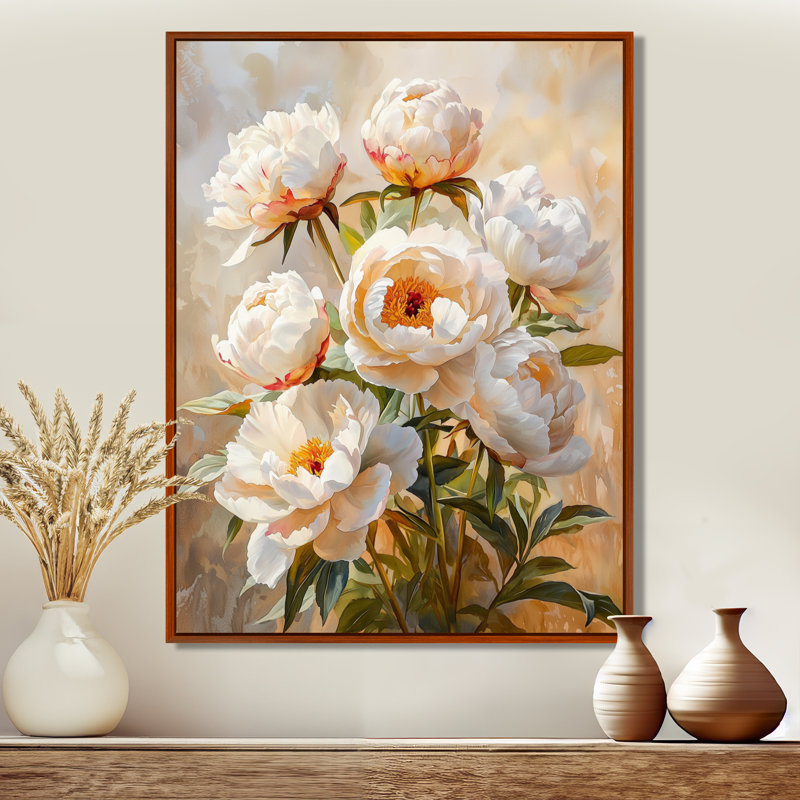 Pivoines dans l'air d'automne II - Décoration murale pivoines, H 32 po x l 24 po, Reproduction avec cadre flottant, Brun