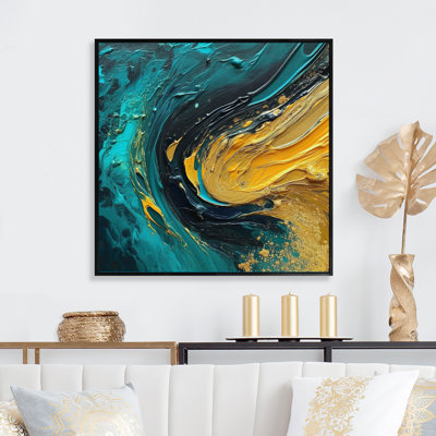 Coucher de soleil doré sur fond bleu sarcelle abstrait, peinture abstraite sur toile I