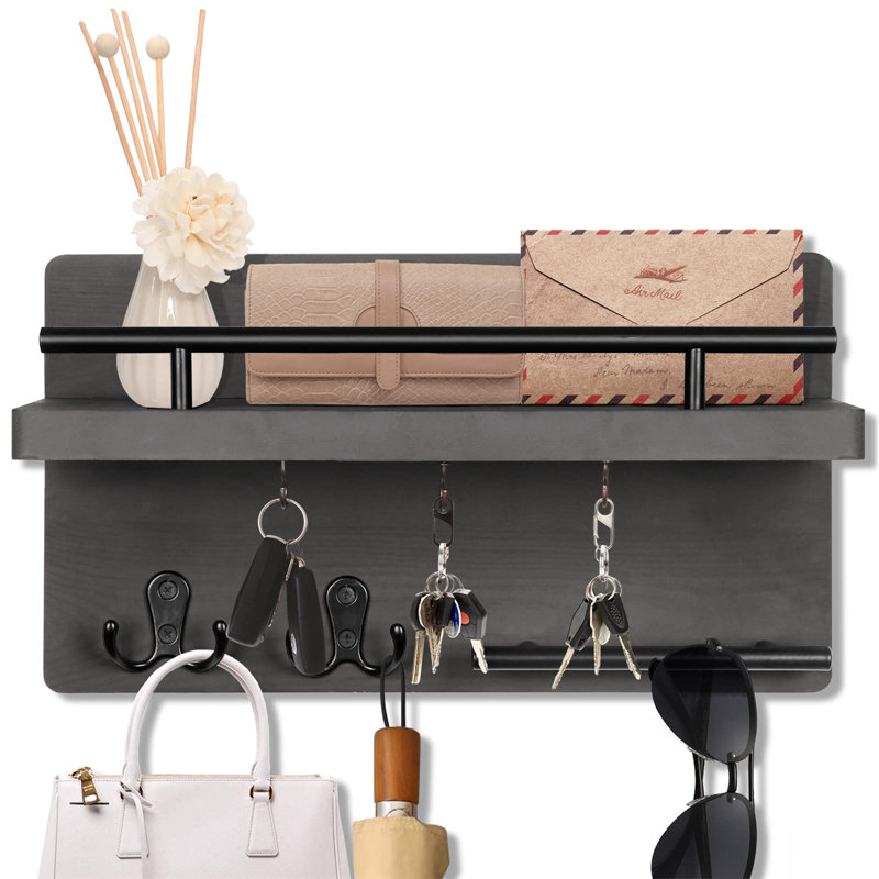 Organisateur mural en bois massif, Gris, L 12,6 po x H 7 po x P 5 po