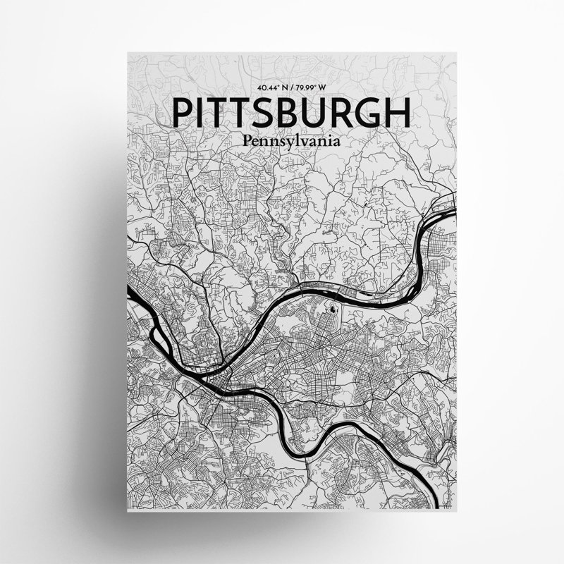Pittsburgh City Map, impression, Noir et blanc, H 27,6 po x l 19,7 po