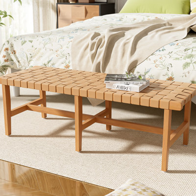 Élégant banc de chambre en bois avec siège en cuir synthétique tissé pour siège, repose-pieds, pièce décorative - 53,94 po de profondeur, 16,72 de largeur, 17,69 de hauteur, 18,46 lb de poids avec assise et pièce, hauteur naturelle