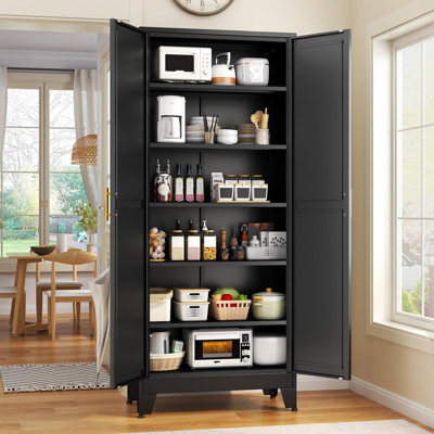 Kitchen Pantry Storage Cabinet with Doors and Adjustable Shelves, Metal ClosetMaid Food Pantry Cabinets, 75" Tall Freestanding Cupboard for Kitchen, Laundry or Utility Room, Black