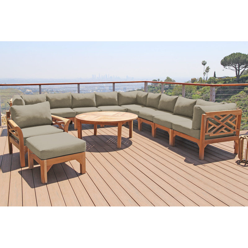 Ensemble de conversation d'extérieur 8 personnes avec coussins Monterey Teak, 5 Pcs:  Sectional,Chair,Cushion,Table,Ottoman