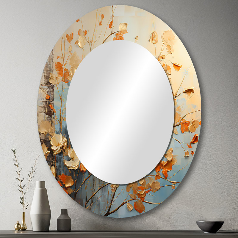 Or et feuilles d'oranges dans la brise II - grand miroir mural ovale sur métal, 43 po x 33 po