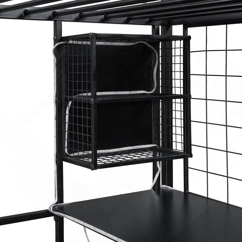 Lit mezzanine double avec poste de travail intégré, garde-robe, escalier de rangement et éclairage DEL, pour économiser de l'espace dans les chambres d'enfants