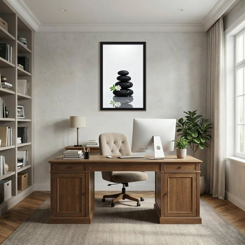 Bain et lessive pierres noires empilées avec reflet de fleurs blanches, H 18 po x l 12 po