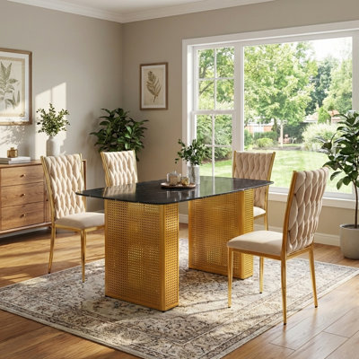 55" Rectangle Marble Dining Table Set for 4, Modern Faux Marble Dining Table Set With 4 Velvet Chairs, 5-Piece Kitchen Table Set for Dining and Kitche