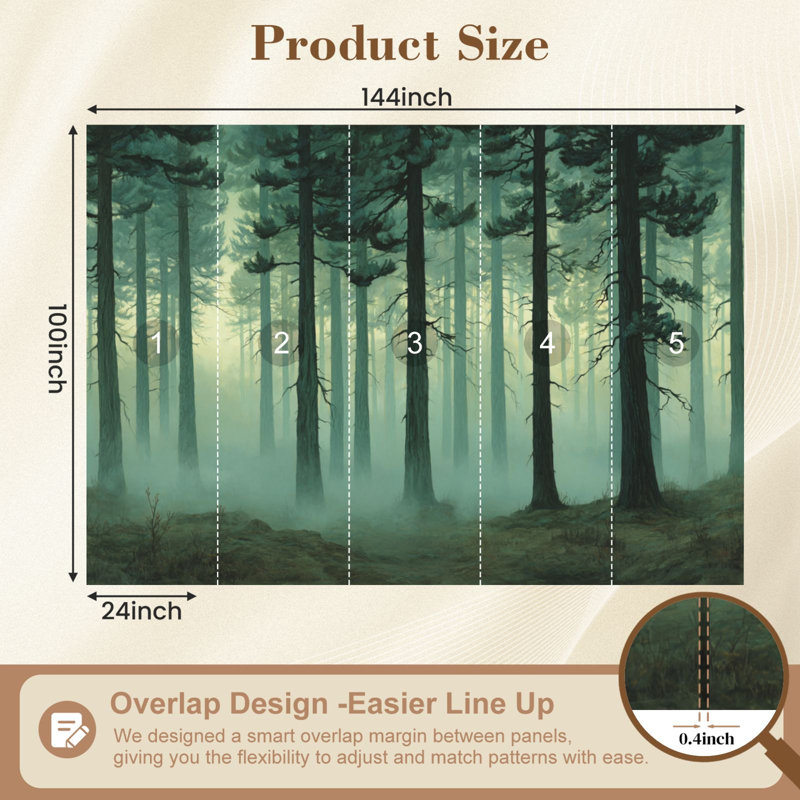 Papier peint auto-adhésif Foggy Pine Woods Landscape, L 144 po x l 100 po
