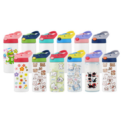Sublimation Tumblers, 12 oz Kids Sublimation Water Bottles, Food-Grade Stainless Steel Cups with Lids and Straws, Double Wall Insulated Tumbler Blank, for DIY Personalized Customization