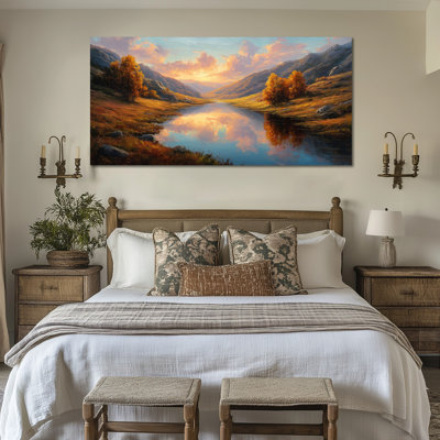 Art mural sur toile grand paysage d'automne - Œuvre de montagne sereine reflets, image de nature rustique pour salon, chambre à coucher, décoration murale de ferme, toile tendue avec cadre en bois de pin, 24 po x 47 po