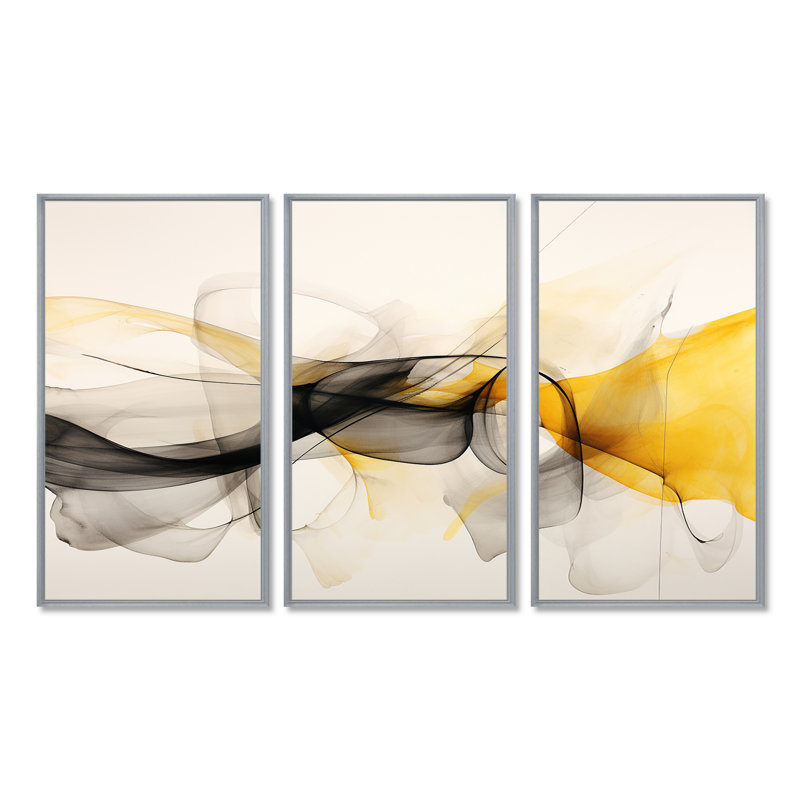 Mariage de noir et jaune - ensemble d'art mural abstrait à encre liquide, Encadrement argenté, H 28 po x l 36 po x P 1 po